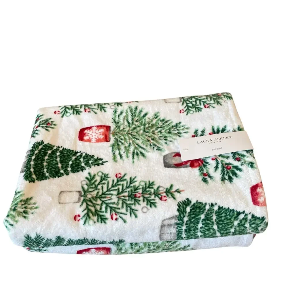 4pc Laura Ashley Christmas Tree Towel Set 2 Finger Tip 2 Bath Cotton New